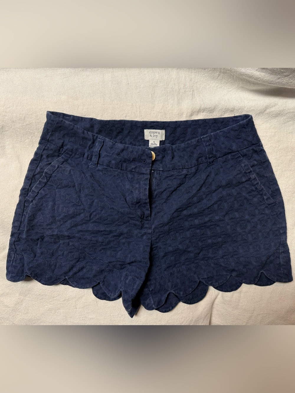 crown & ivy Navy Scallop Hem Textured Women's Shorts